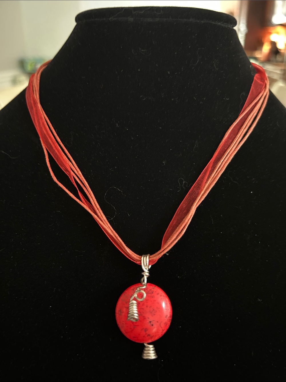 Vibrant Red Round Stone Pendant Necklace on Multi-Strand Ribbon
